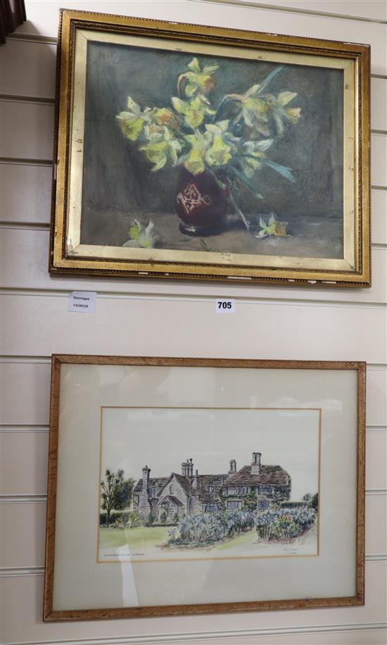 Emma Faull (b.1956), ink drawing, Freckled duck, signed, 27 x 33cm, a watercolour still life daffodils and a Peter Rogers sketch of